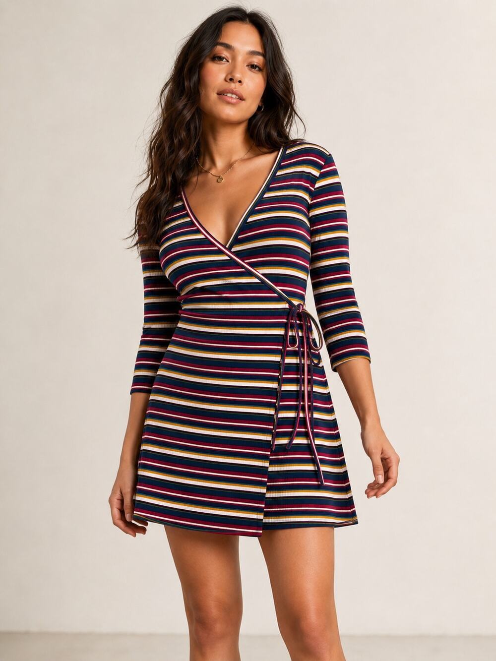 Forever 21 Y2K Retro Striped Wrap Dress Colorful Retro Mod Preppy Size L